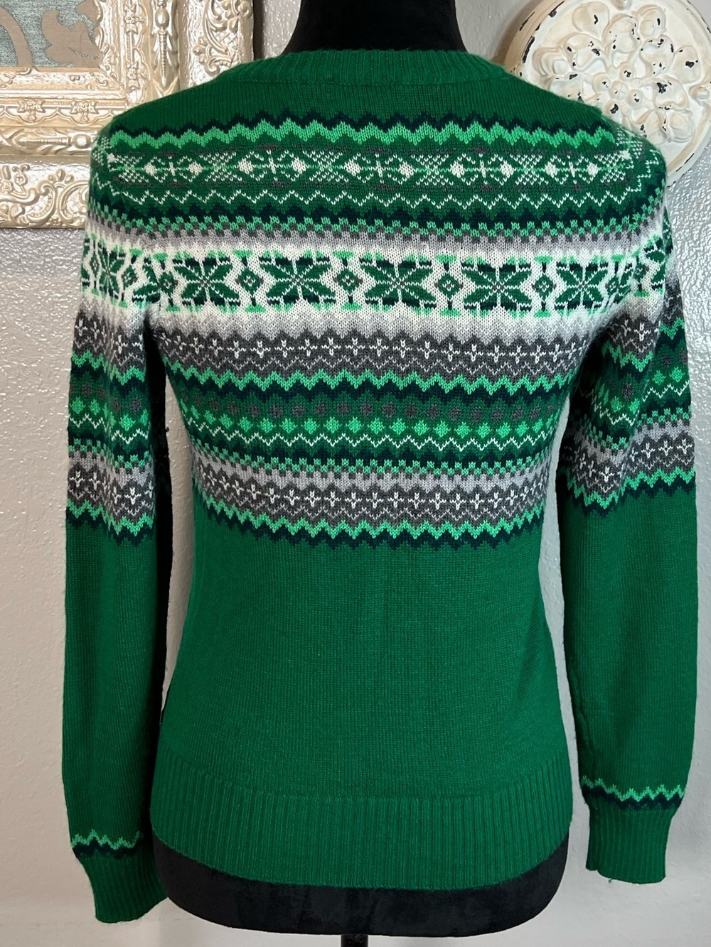 The Limited Green Fair Isle Crewneck Sweater with Rhinestone embellishments - Picture 7 of 10